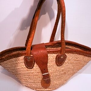 Hand Crafted Natural Straw Tote with Brown Leather Trim and Handles